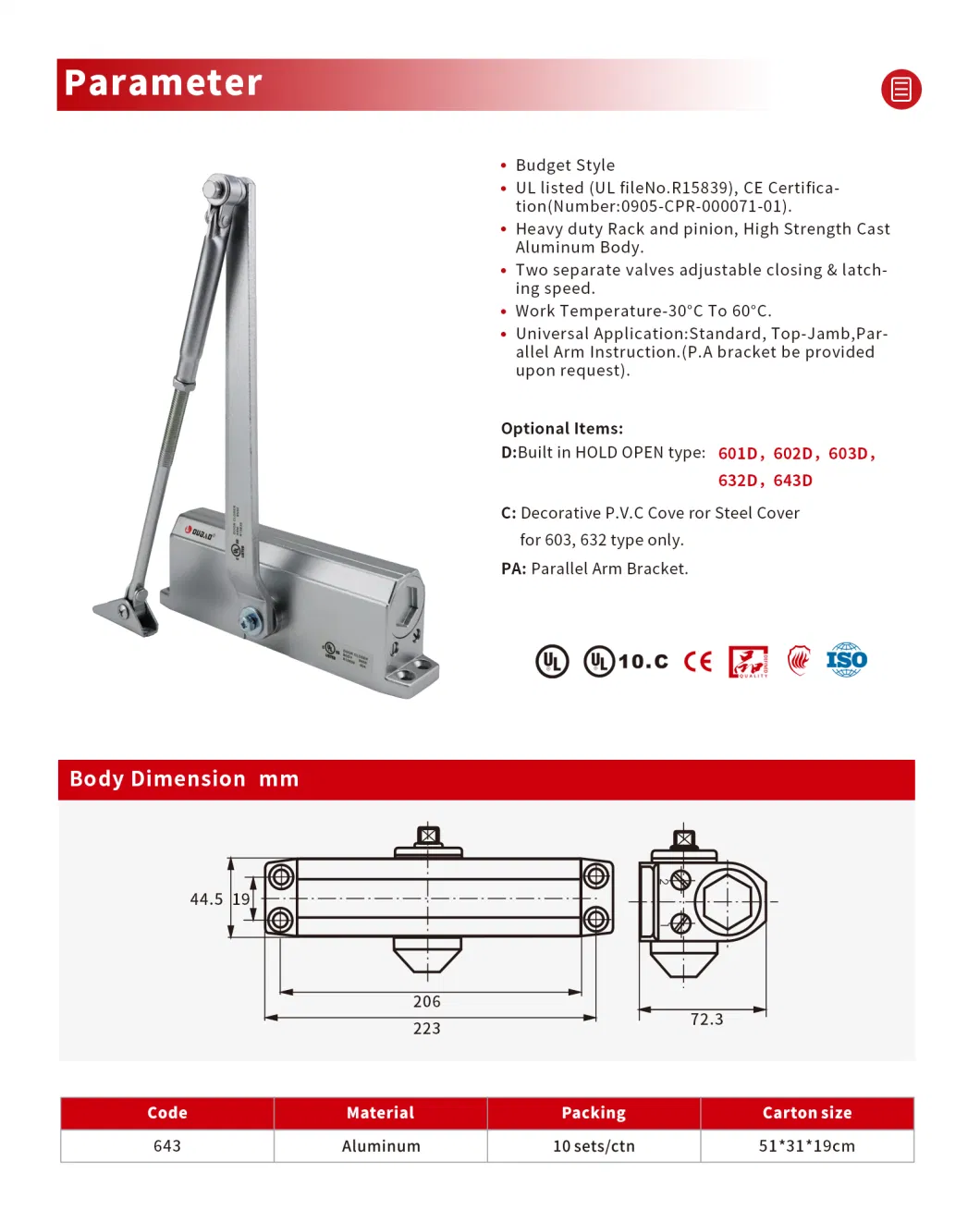 UL Door Hardware Fittings Hydraulic Spring Door Closer for 40-65kg Door (643)